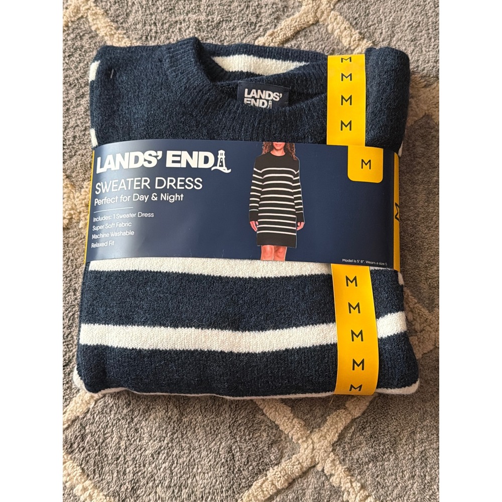 Lands' End Navy and White Striped Sweater Dress - Long Sleeve